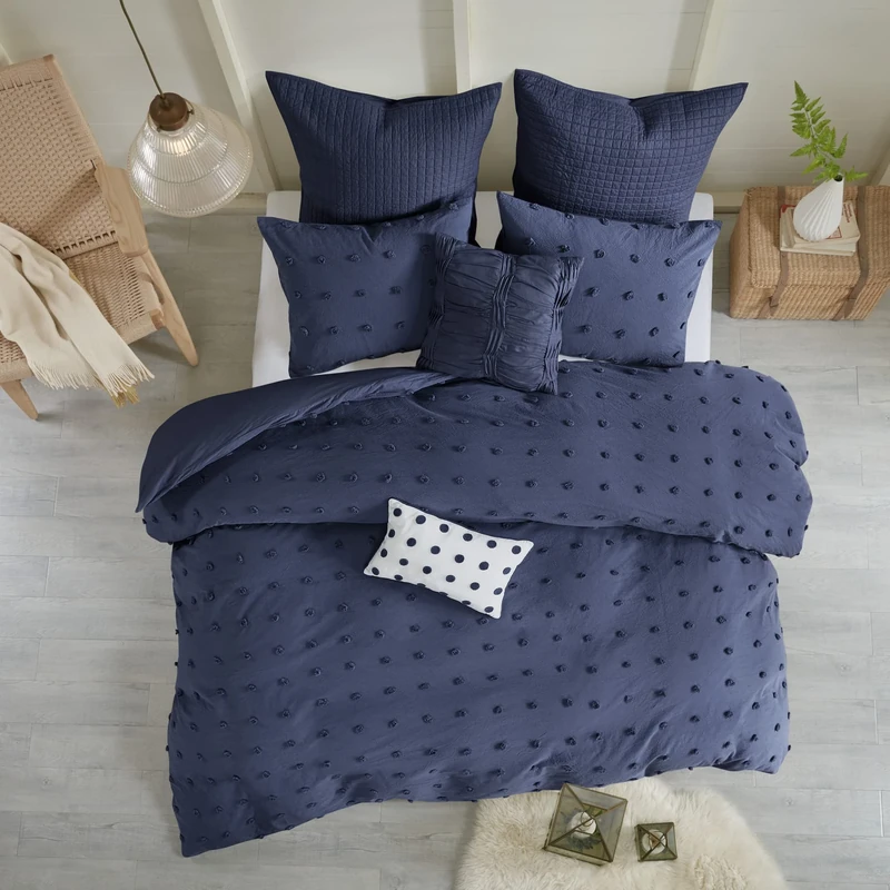 URBAN HABITAT Duvet Set 100% Cotton Jacquard, Tufts Accent, Shabby Chic All Season Cover for Comforter, Matching Shams, Decorative Pillows, King/California King (104 in x 92 in), Navy 7 Piece