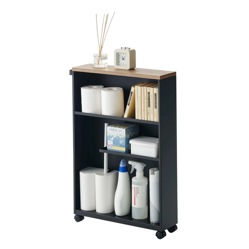YAMAZAKI 4307 TOWER Semi-Closed Storage Cart, black, Steel/Wood, Minimalist, 13 x 47.5 x 68 cm