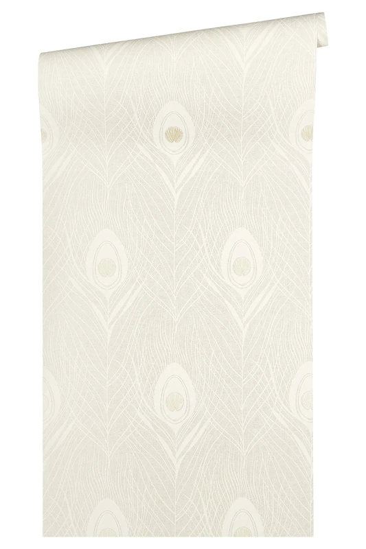 Architects Paper Non-Woven Wallpaper Absolutely Chic Wallpaper with Peacock Feather 10.05 m x 0.53 m Metallic Grey Beige Made in Germany 369711 36971-1