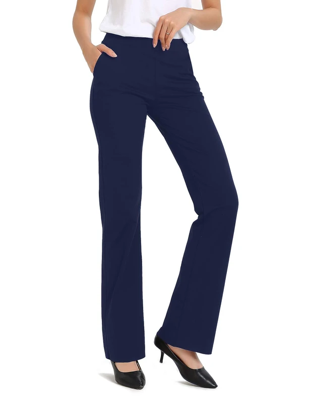 SAFORT 28" 30" 32" 34" Inseam Dress Bootcut Yoga Pants with Pockets High Waist Capri Pants Pull On Stretch Trousers for Work, Blue, S
