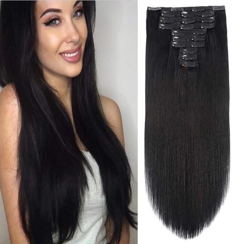 22 Inch 22 Clips Full Head Clip in Human Hair Extensions 200g 22 Clips #1 Jet Black Double Weft Brazilian Remy Human Hair Thick Straight Silky 22 Inch