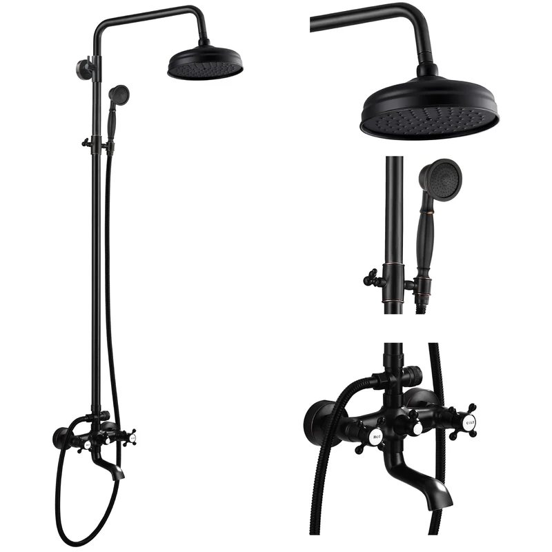 Oil Rubbed Bronze Bathroom Luxury Shower Faucet Rain Mixer 8 Inch Round Head Double Cross Handle Bathroom Bathtub Hand Spray Tub Tap Wall Mount Bathroom Fixtures
