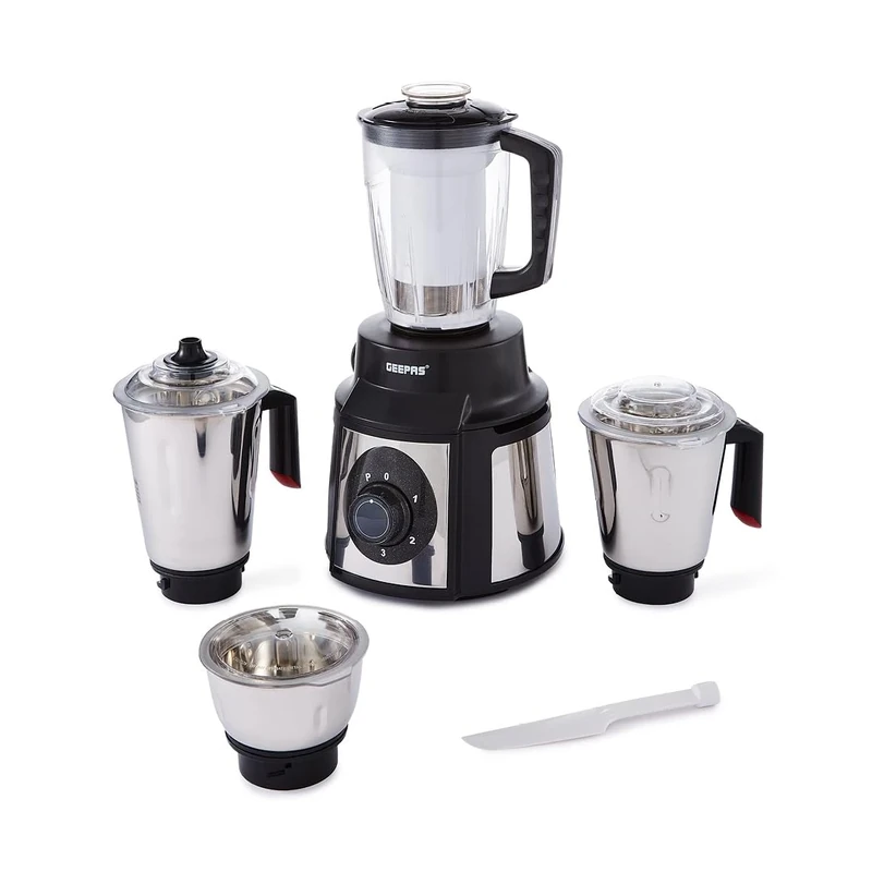 GEEPAS 5-in-1 Mixer Grinder | 3 Stainless Steel Jars & 1.5L Juice Jar | Food Blender for Dry Wet Grinding Indian Masala Chutney Dosa Grinding | 3 Speed & Pulse Overload Protection, 1000W