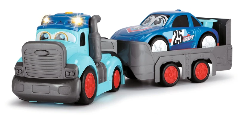 Dickie Toys 203819011 Happy Truck, Car Trailer, Detachable, Vehicle Transporter, Car, 60 cm, with Batteries, Multi-Coloured