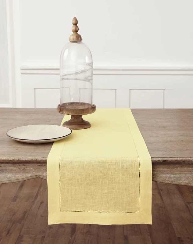 Solino Home Linen Yellow Table Runner 144 Inches Long - 100% Pure Linen Extra Long Table Runner 14 x 144 Inch for Summer - Classic Hemstitch