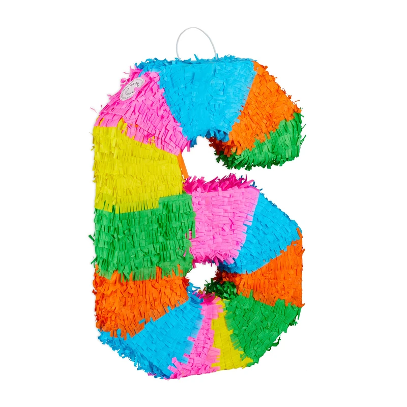 Relaxdays Birthday Piñata, Number 6 Hanging Pinata for Children and Adults, Fillable, Colourful