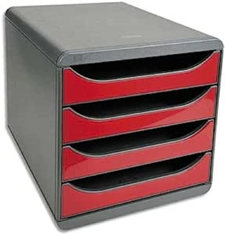Exacompta - Ref 310718D - BIG-BOX Desktop Drawer Set - 4 x 55mm Drawers, Suitable for A4+ Documents, 347 x 278 x 267mm, 100% Recycled Plastic - Black/Dark Red
