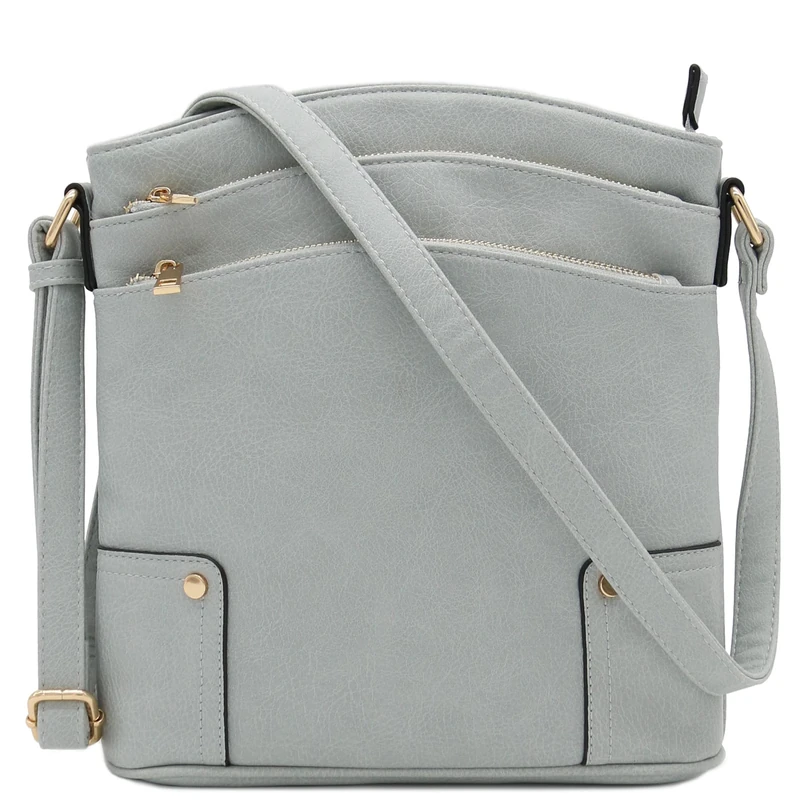 ALYSSA Triple Zip Pocket Large Crossbody Bag, Blue Grey, One Size