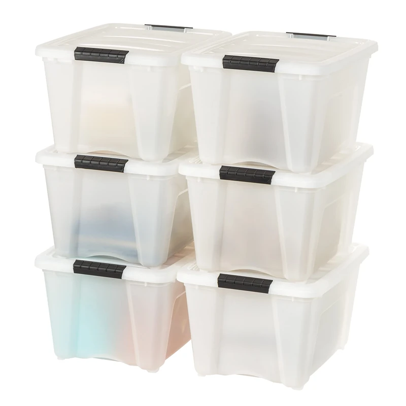 IRIS 588248 32 Quart Clear Stack and Pull Storage Container Box Bin System with Secure Latching Lids for Home, Closet, or Office (6 Count)