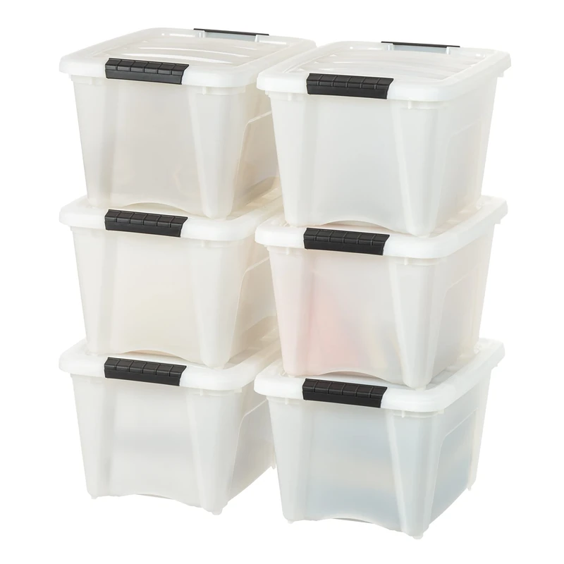 IRIS USA 19 QT Plastic Storage Box with Lid and Latches - 6 Pack - BPA-Free, Discreet Organizing Solution, Durable Nestable Stackable Containers, Secure Pull Handle - Pearl