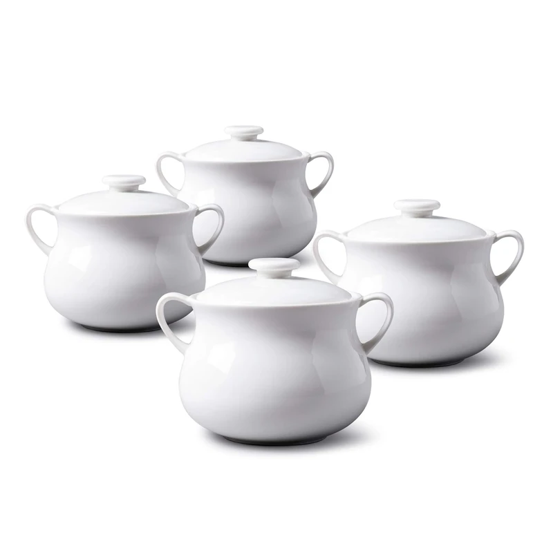 WM Bartleet & Sons 1750 TSET119 Traditional Porcelain Set of 4 Lidded Individual French Onion Soup and Stew Bowl with Handles 500ml – White