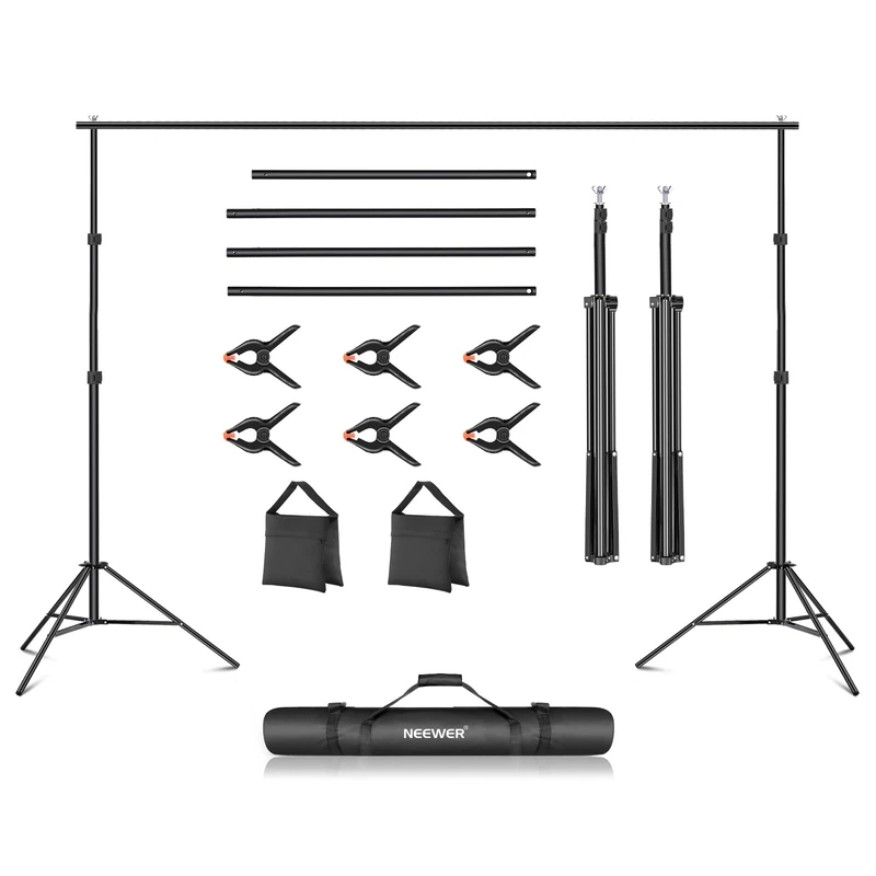 NEEWER Backdrop Stand 10ft x 7ft, Adjustable Photo Studio Backdrop Support System for Wedding Parties Background Portrait Photography with 4 Crossbars, 6 Clamps, 2 Black Sandbags and Carrying Bag