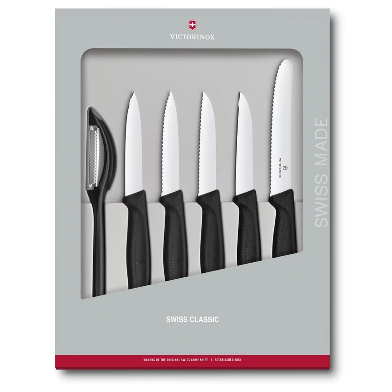 Victorinox Swiss Classic, kitchen knife set, 6-piece, vegetable, tomato and breakfast knives and peeler, durable plastic handle, stainless steel, black