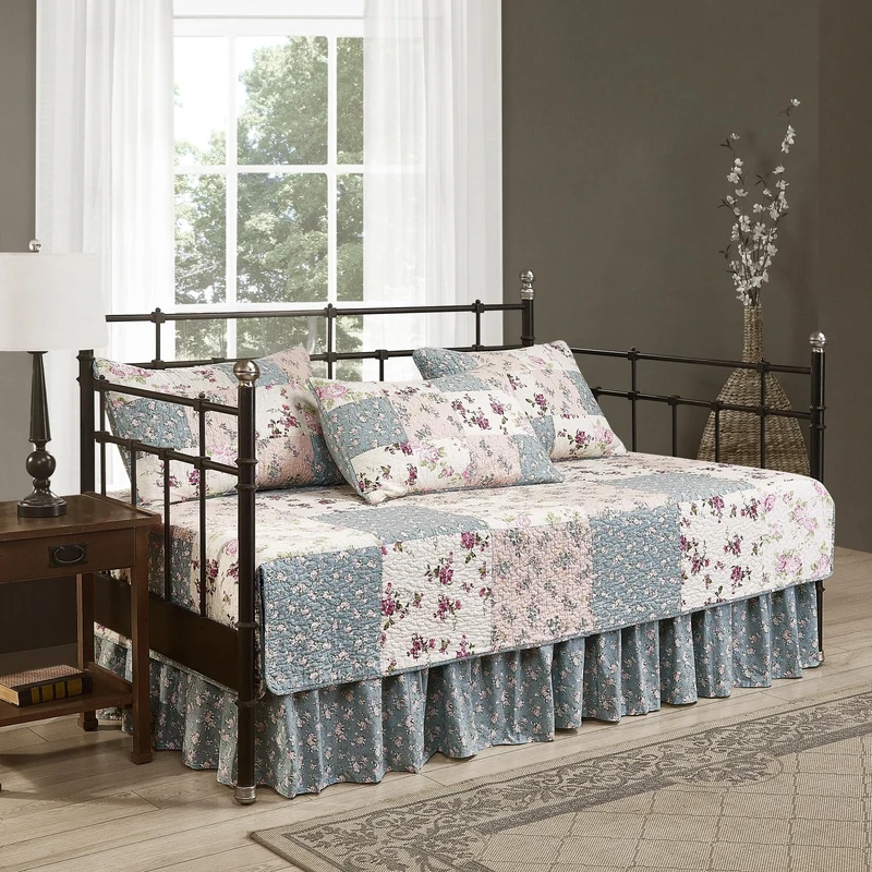 Chezmoi Collection Abbi 5-Piece Garden Floral Daybed Coverlet Set Vintage Washed 100%-Cotton Patchwork Quilt Set (Daybed Size)