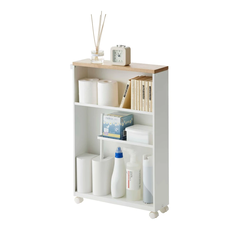 YAMAZAKI 4306 TOWER Semi-Closed Storage Cart, white, Steel/Wood, Minimalist, 13 x 47.5 x 68 cm
