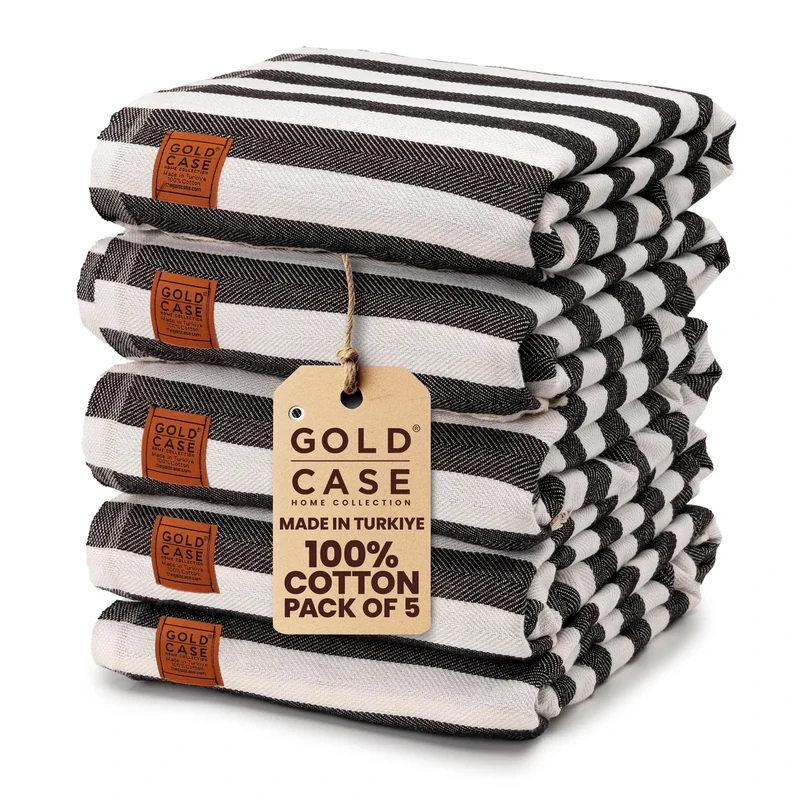 Gold Case Turkish Beach Towel Set of 5-100% Cotton - 71x40 inches XXL Oversized - Quick Dry Sand Free Turkish Towel - Lightweight Bath Towels (MYRA-Black)