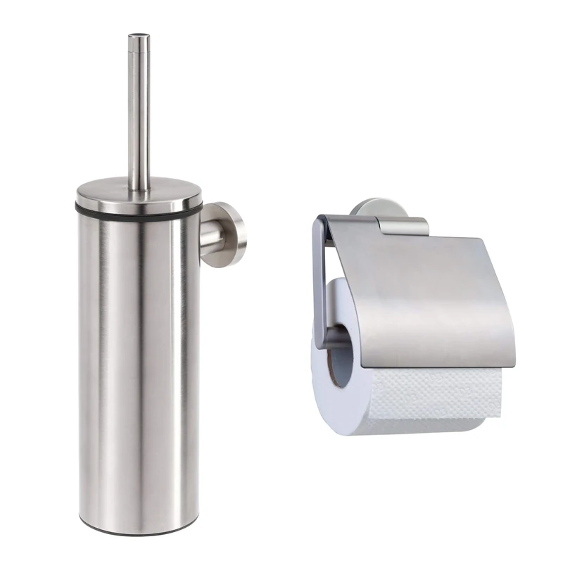 Tiger Boston Toilet Brush and Holder, Stainless Steel Brushed, 9.3 x 35.6 x 12.6 cm + Tiger Boston Toilet Roll Holder with Cover, Stainless Steel Brushed, 13.7 x 14 x 6.3 cm
