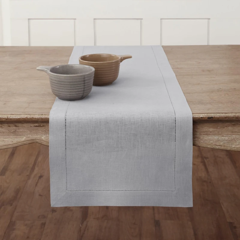 Solino Home Linen Soft Grey Table Runner 144 Inches Long - 100% Pure Linen Extra Long Table Runner 14 x 144 Inch for Summer - Classic Hemstitch