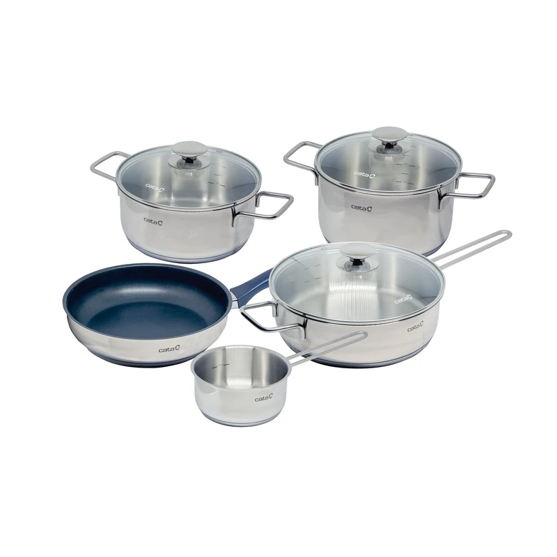 Cata New York 5 Piece Pan and Saucepan Set with Glass Lid Polished Stainless Steel Induction - Image 1