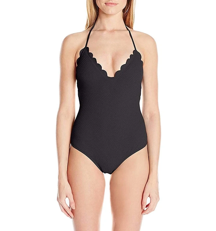 Jessica Simpson Under The Sea Scalloped-Edge Textured One-Piece Swimsuit Black Small