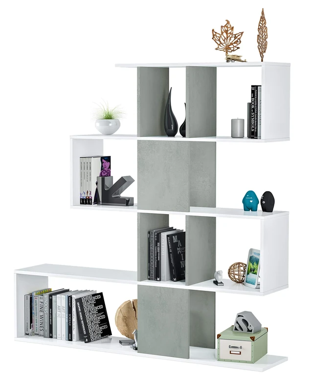 Bricozone Elche Wall Bookcase, Design Zig Zag, Modern Shelf, 145 x 145 x 29 cm, White and Grey Concrete - Image 1
