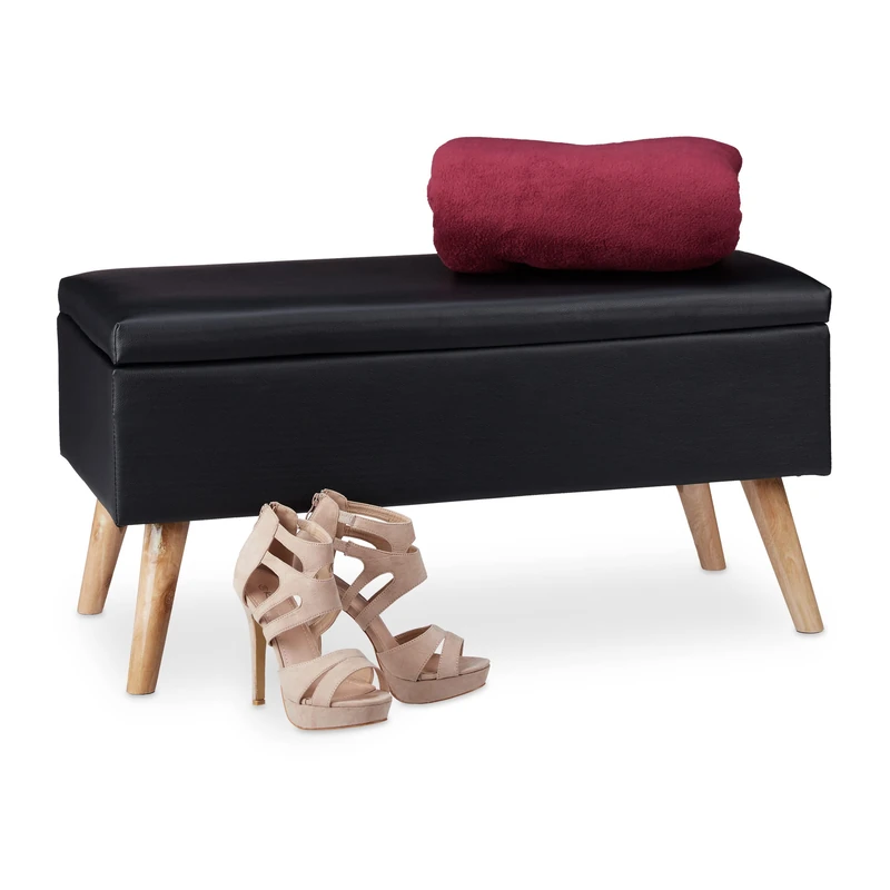 Relaxdays Hallway Storage Bench, 40L, Padded Faux Leather Trunk, Wooden Legs, HxWxD: 40 x 80 x 39.5 cm, Black