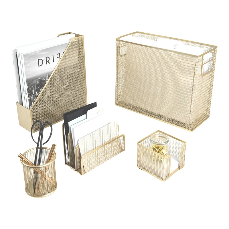 Blu Monaco 5 Piece Cute Office Supplies Gold Desk Organizer Set - with Desktop Hanging File Organizer, Magazine Holder, Pen Cup, Sticky Note Holder, Letter sorter - Gold Desk Accessories