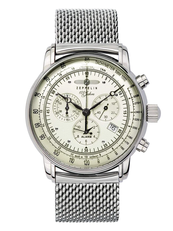 Zeppelin Men's Watch with Solid Stainless Steel Milanese Strap Series 100 Years Chronograph Date Alarm 8680M, 8680m-3 - Light Green Zb, Bracelet