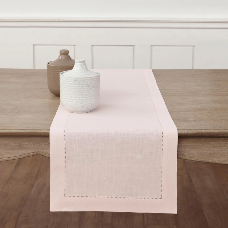Solino Home Pink Linen Table Runner 14 x 144 Inch - 100% Pure Linen Classic Hemstitch - Machine Washable Dining Table Runner