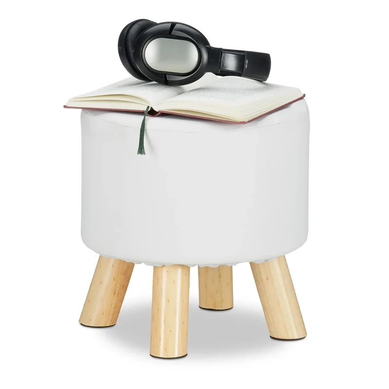 Relaxdays Faux Leather Stool, Padded, 4 Wooden Legs, Flat Footstool, Round Vanity Stand, H x D: 30 x 31 cm, White