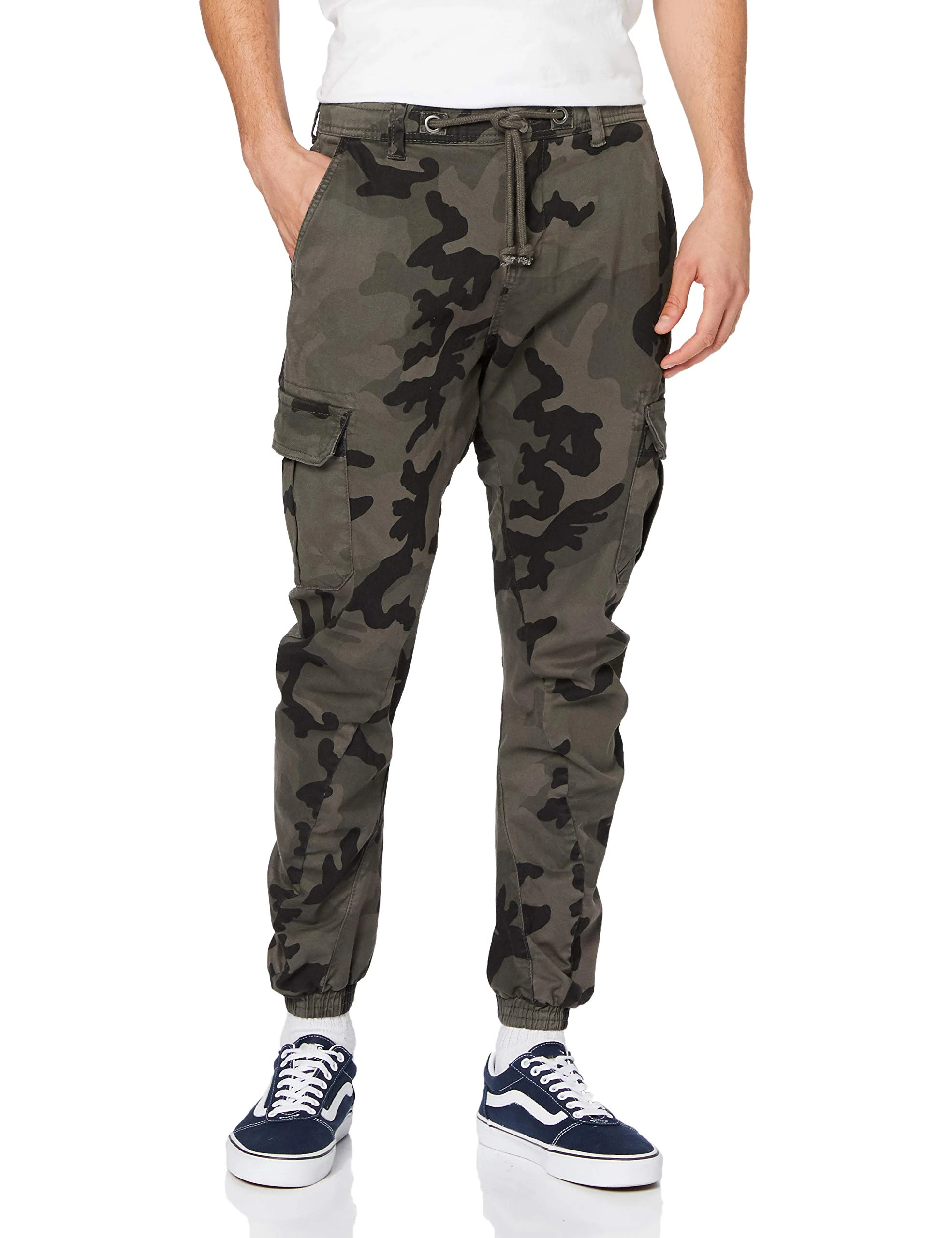 URBAN CLASSICS Men's Cargo Trousers, Cargo Joggers with Military Print, Comfortable Combat Trousers for Men, Joggings Bottoms with Elastic Leg Opening, Colour: Camo grey, Size: 40