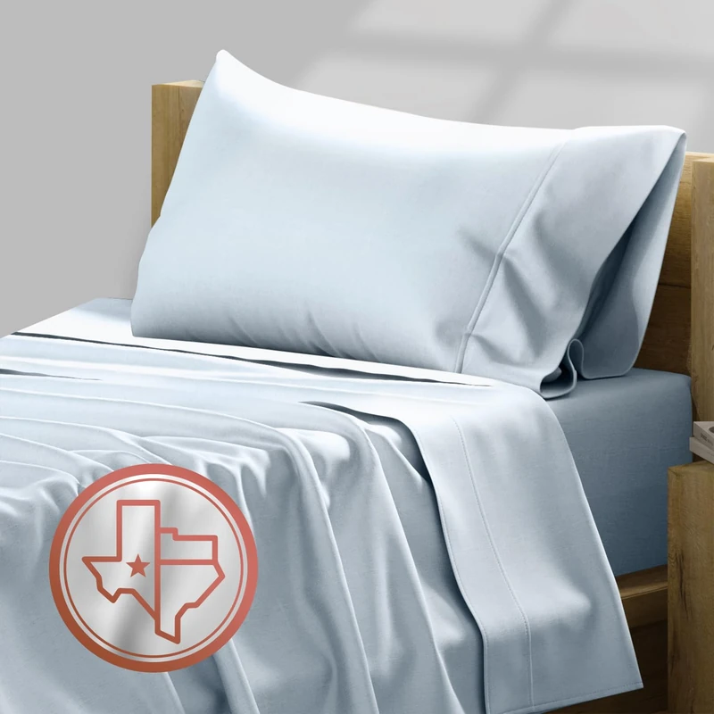 TEXAS LINEN CO. Luxury Egyptian Cotton Twin Size Sheet Set - Texan Talkin' 600 Series 3 PC Deep Pocket Fitted and Flat Sheets, Extra Long Staple Sateen Bedding, Dorm Room Sheets - Light Blue