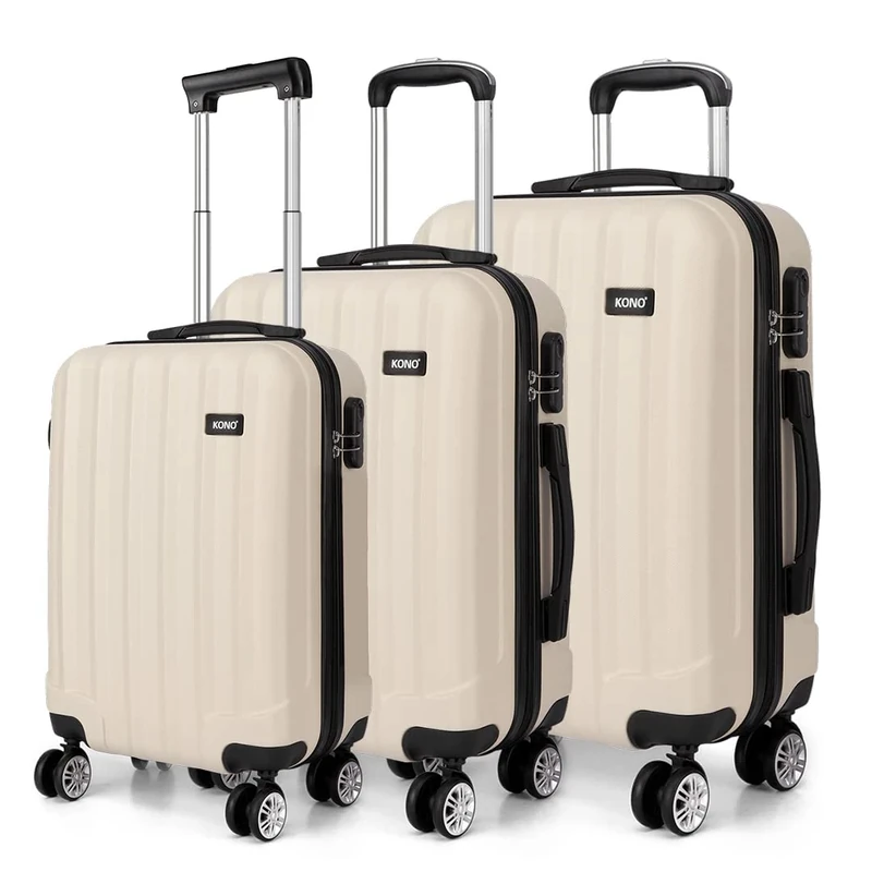 Kono Fashion Travel Luggage Set of 3 Piece Hard Shell Light Weight ABS Suitcase with 4 Spinner Wheels (Beige)