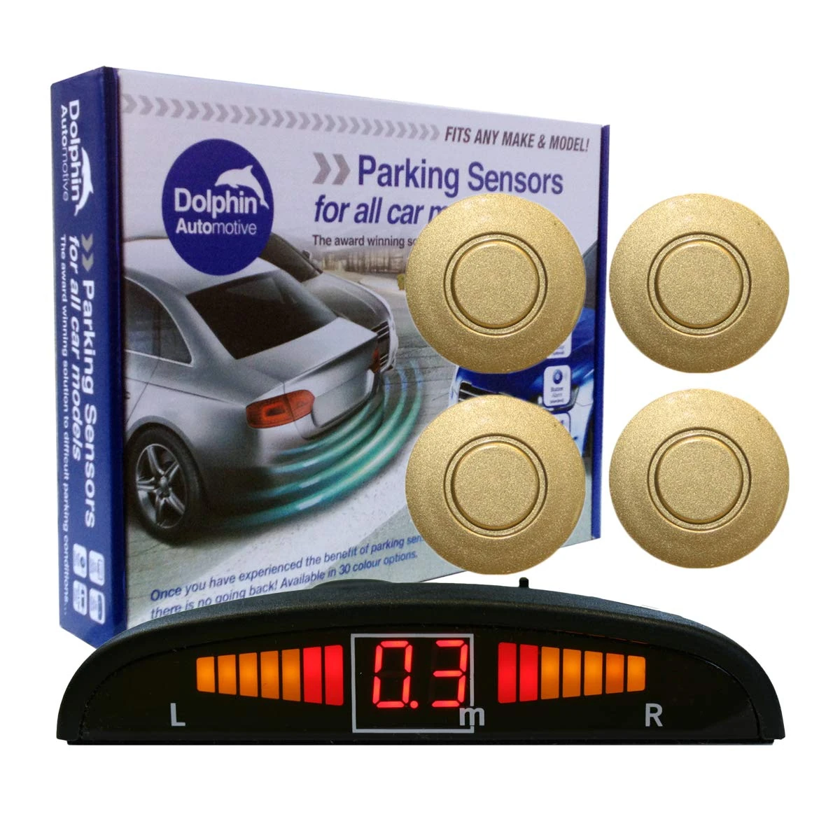 Dolphin Automotive DPS450 Reverse Parking Sensors In 32 Colours 4 Ultrasonic Radar Sensors Kit Audio & Display Alert System - Gold