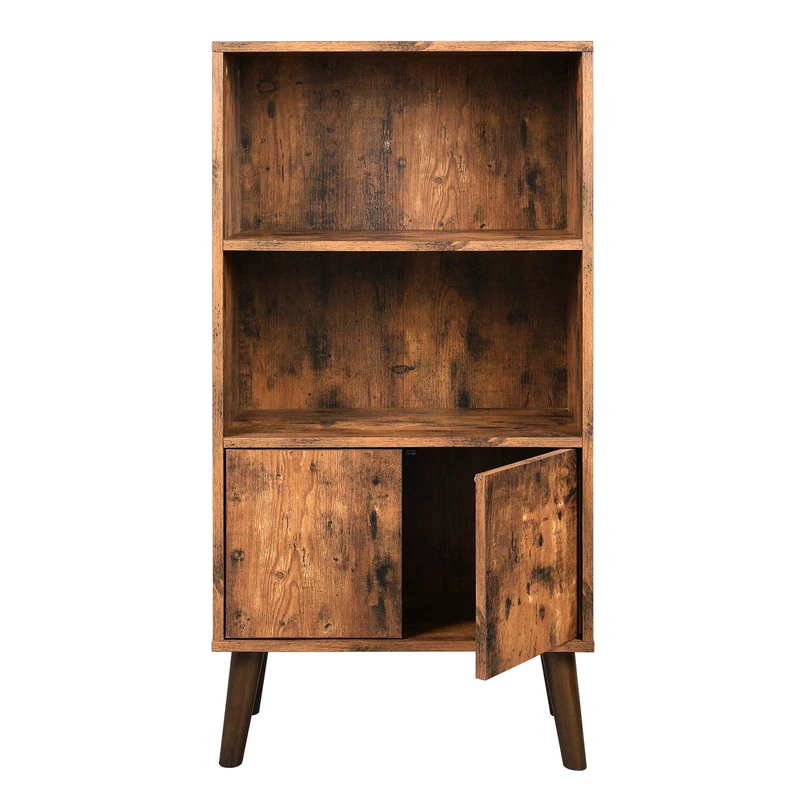 VASAGLE Rustic Bookcase 3 Tier Storage Shelf with Doors for Books, Photos, Decorations in Living Room, Office, Bookcase, Mid Century Modern Style, Brown LBC09BX - Image 1