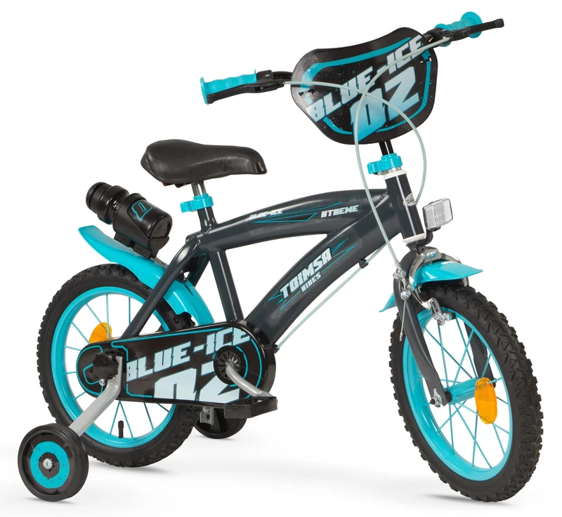 Toimsa Blue Ice, 14 inch Bicycle/Kids Bike, with shield, bottle, adjustable seat, handlebars and training wheel stabilisers, for children/youth age 4-6 Years, Blue and Black - Image 1