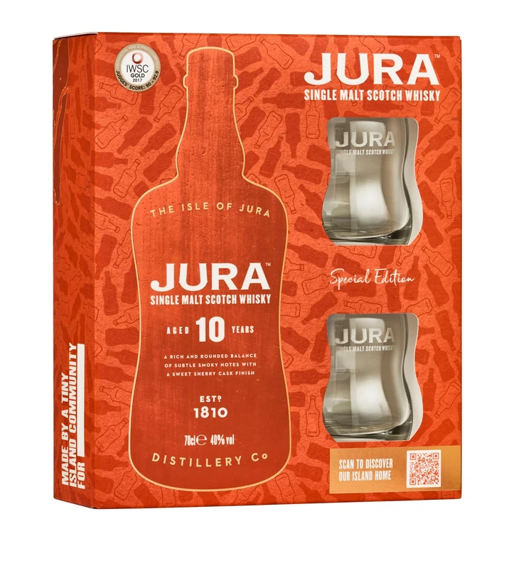 Jura 10 Year Old Single Malt Whisky Gift Set | 70cl 2 Glasses Gift Pack | Fruity and Balanced 40% vol | More than a Whisky, made by a Scottish Island Community | A Sweet, Smooth Single Malt