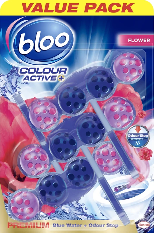 Bloo Colour Active Toilet Rim Block Fresh Flowers with Anti-Limescale, Cleaning Foam, Dirt Protection and Extra Freshness with Bloo Odour-Stop Technology, Pack of 3 Rimblocks