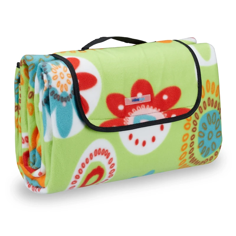 Relaxdays XXL Picnic Blanket, Aluminium Coating, Folding Beach Rug with Handle, 200x200 cm, Floral Pattern, Light Green