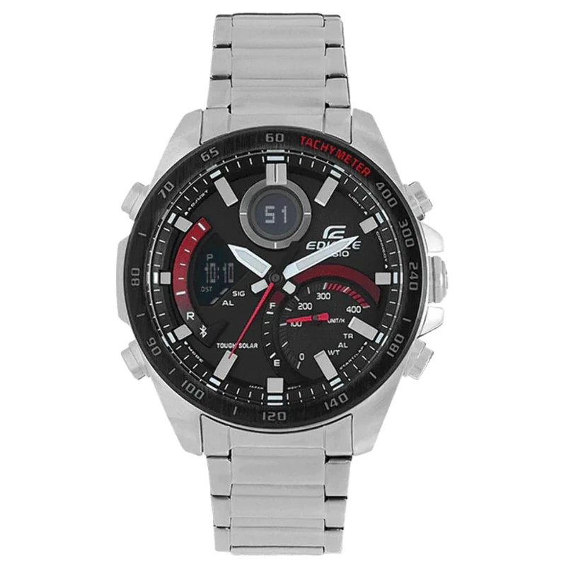 Casio Gents 48.00mm Solar Watch with Black Analogue - Digital dial and Silver Metal Bracelet Strap ECB-900DB-1AER