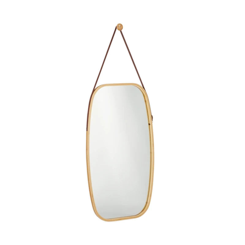 Relaxdays Oval Wall Mirror, Bamboo Frame, Decorative Mirror with an Adjustable Strap, Hallway, 76.5 x 43.5 cm, Natural