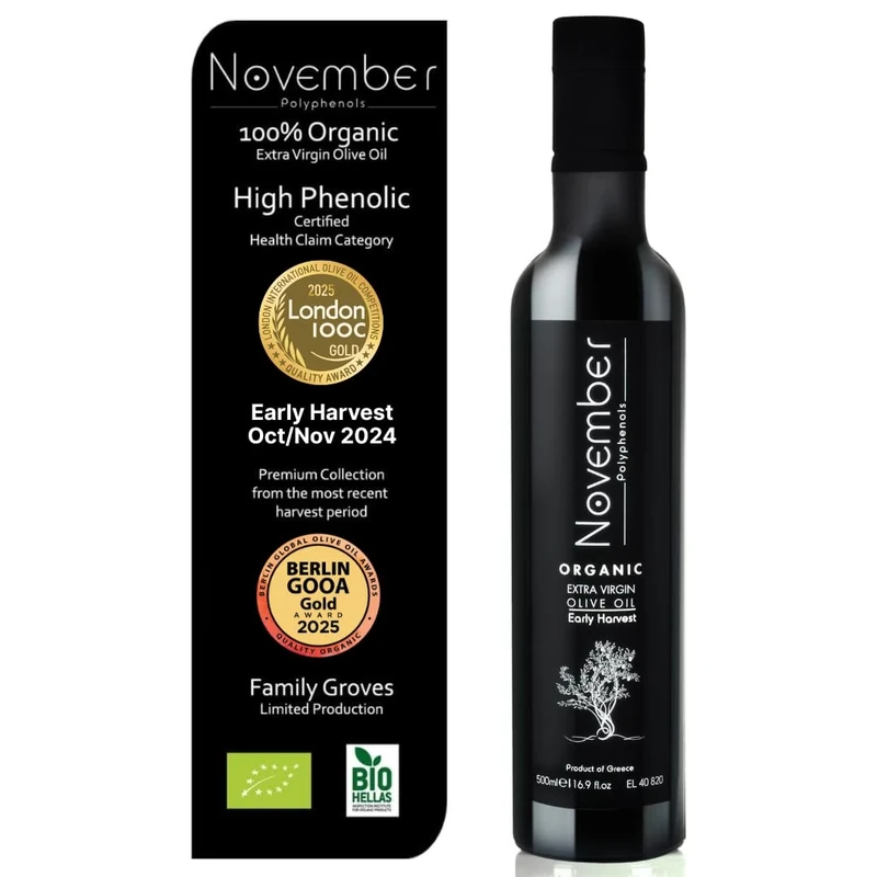 November Polyphenols Olive Oil Extra Virgin - Organic High Phenolic EVOO – Early Harvest – Lab Certified +1200mg/kg High Polyphenol – Cold Pressed Extra Virgin – Greek – 500ml Bottle