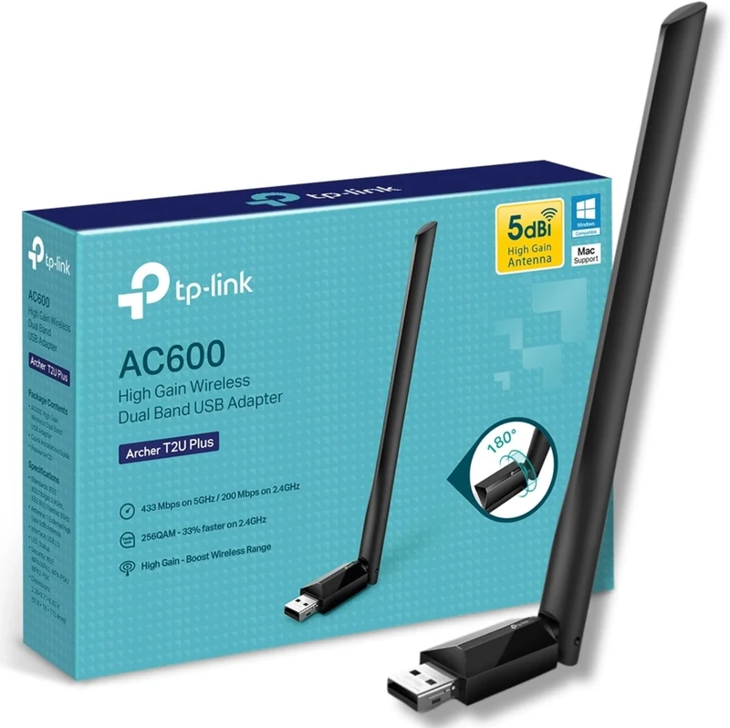 TP-Link Archer T2U Plus WiFi Dongle, WiFi Adapter for PC, AC600 High Gain Wireless, High-Gain Antenna, Dual Band Wireless, USB WiFi Adapter for PC, USB WiFi Dongle, Supports Win/Mac OS X, High-Speed