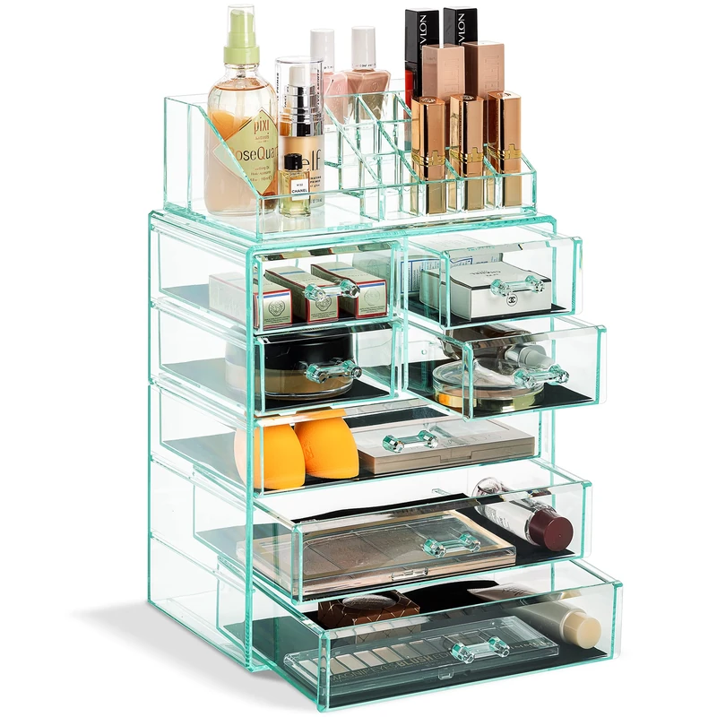 Sorbus Acrylic Cosmetic Jewelry Storage Box Spacious Design Ideal for Bathroom, Dresser, Dressing Table and Countertop, Teal Thrill, 3 Large, 4 Small Drawers