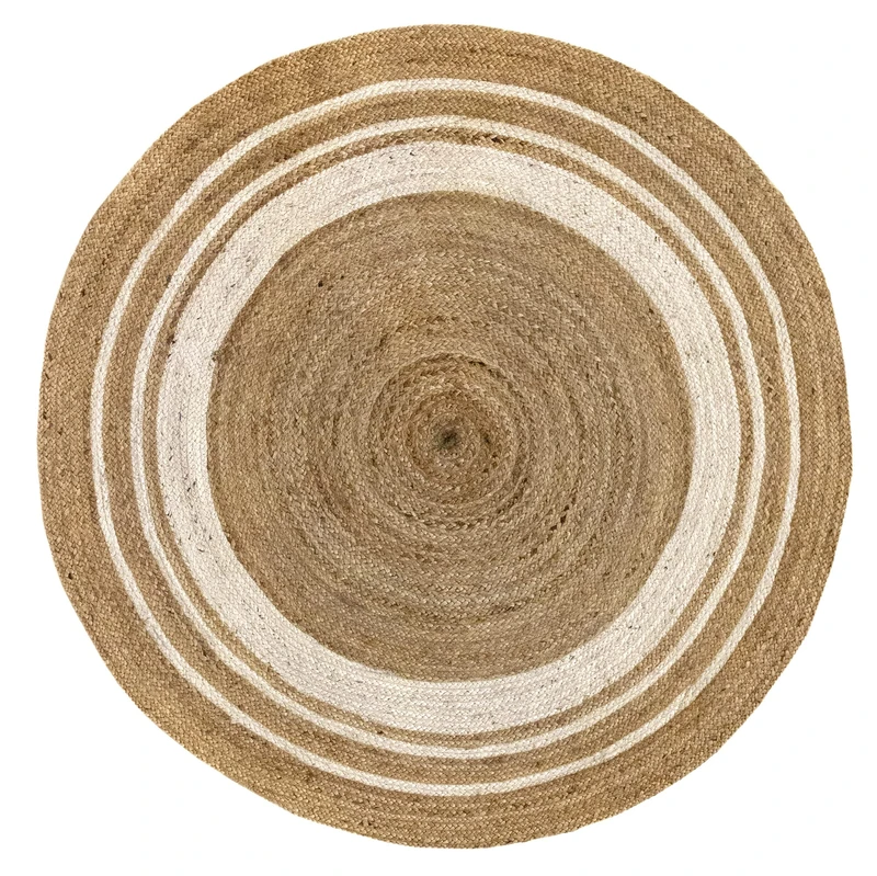 HAMID - Rug Jute Round Alhambra Natural And White Colour, Jute Rug, Area Rug 100% Jute Fibre Hand Wovem, Braided Rug for Home, Living Room, Floor Carpet..(150x150cm)
