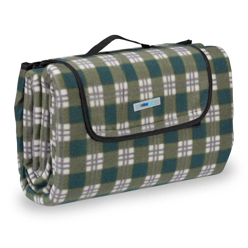 Relaxdays XXL Picnic Blanket, Aluminium Coating, Folding Beach Rug with Handle, 200x200cm cm, Chequered, Green-Grey