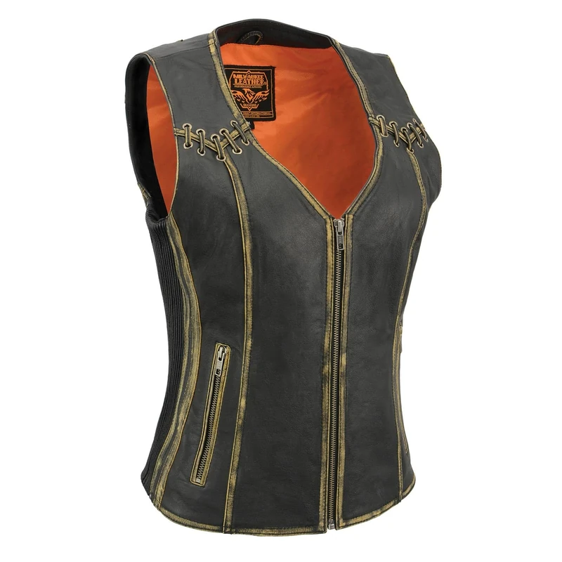 Milwaukee Leather-Women Leather Vest W Shoulder & Back Lacing Detail-Distressed Brown-L