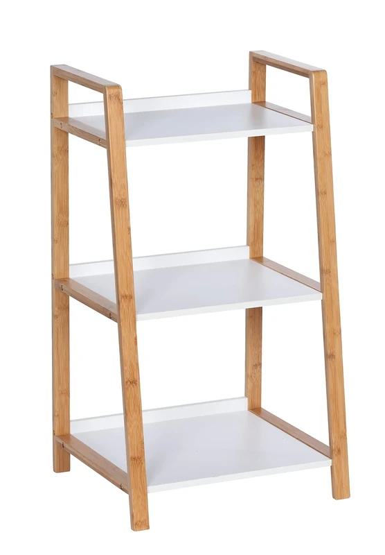 3 Tier Ladder Shelf for Bathroom, Kitchen, Living Room, Bamboo, Storage Unit with White Shelves, Dimensions 16.93 x 29.92 x 14.17 in
