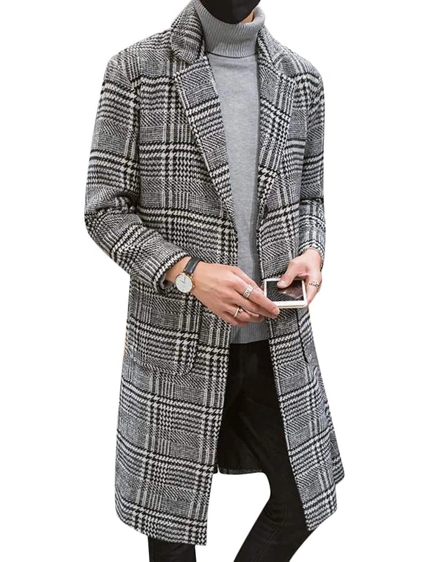 Uaneo Men's Casual Notch Lapel Single Breasted Plaid Mid Long Trench Pea Coat - Grey - Small