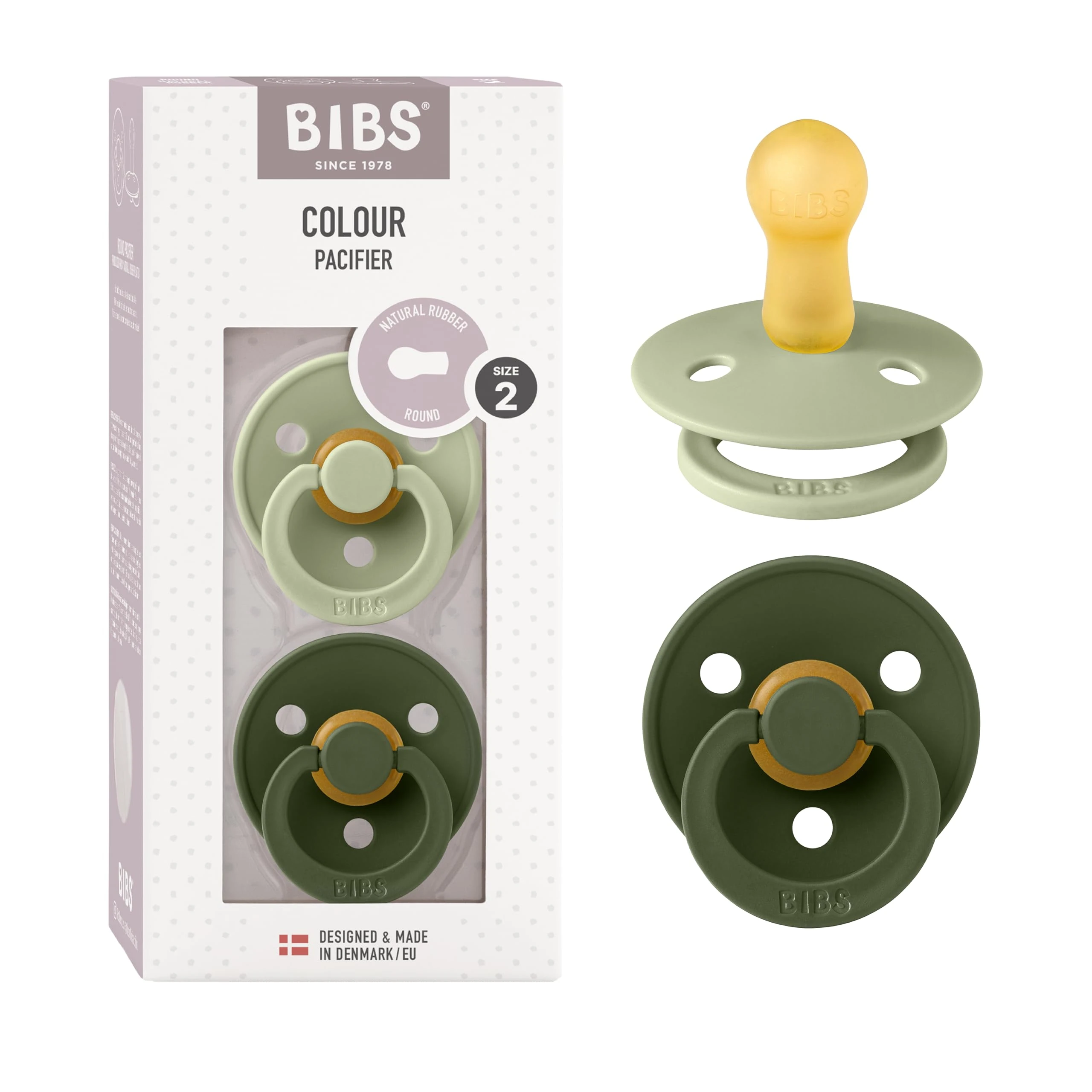 BIBS Colour Soother 2-Pack, BPA Free Dummy Pacifier, Round Nipple. Natural Rubber Latex, Size 2 (6-18 Months), Sage/Hunter Green